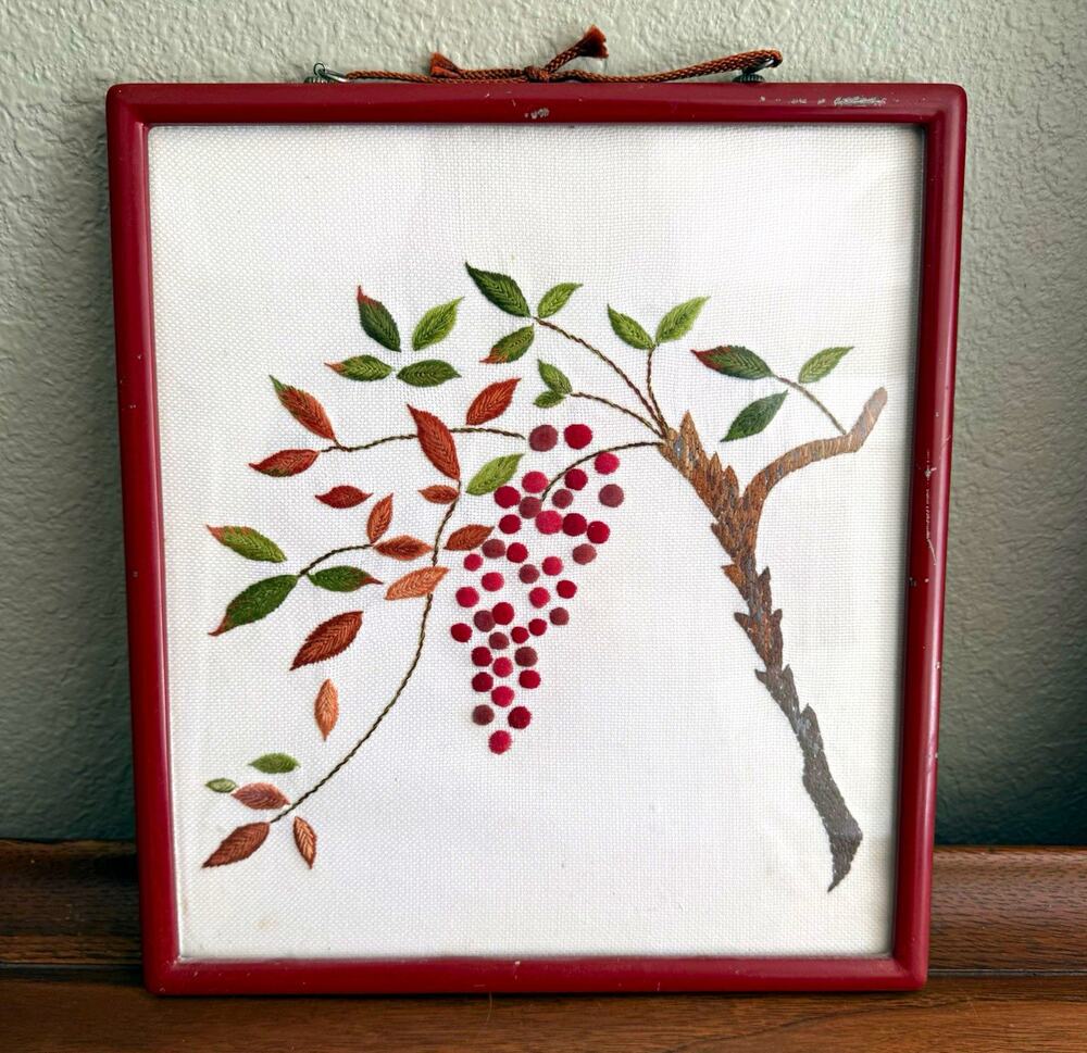 Framed Crewel Embroidery Wall Hanging Grapevine Branch with Leaves & Berries